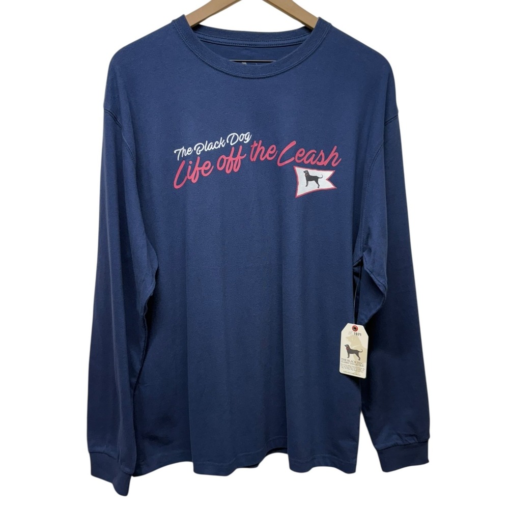 The Black Dog Long Sleeve Tee Men Sz M Blue Graphic Logo Cotton Crewneck